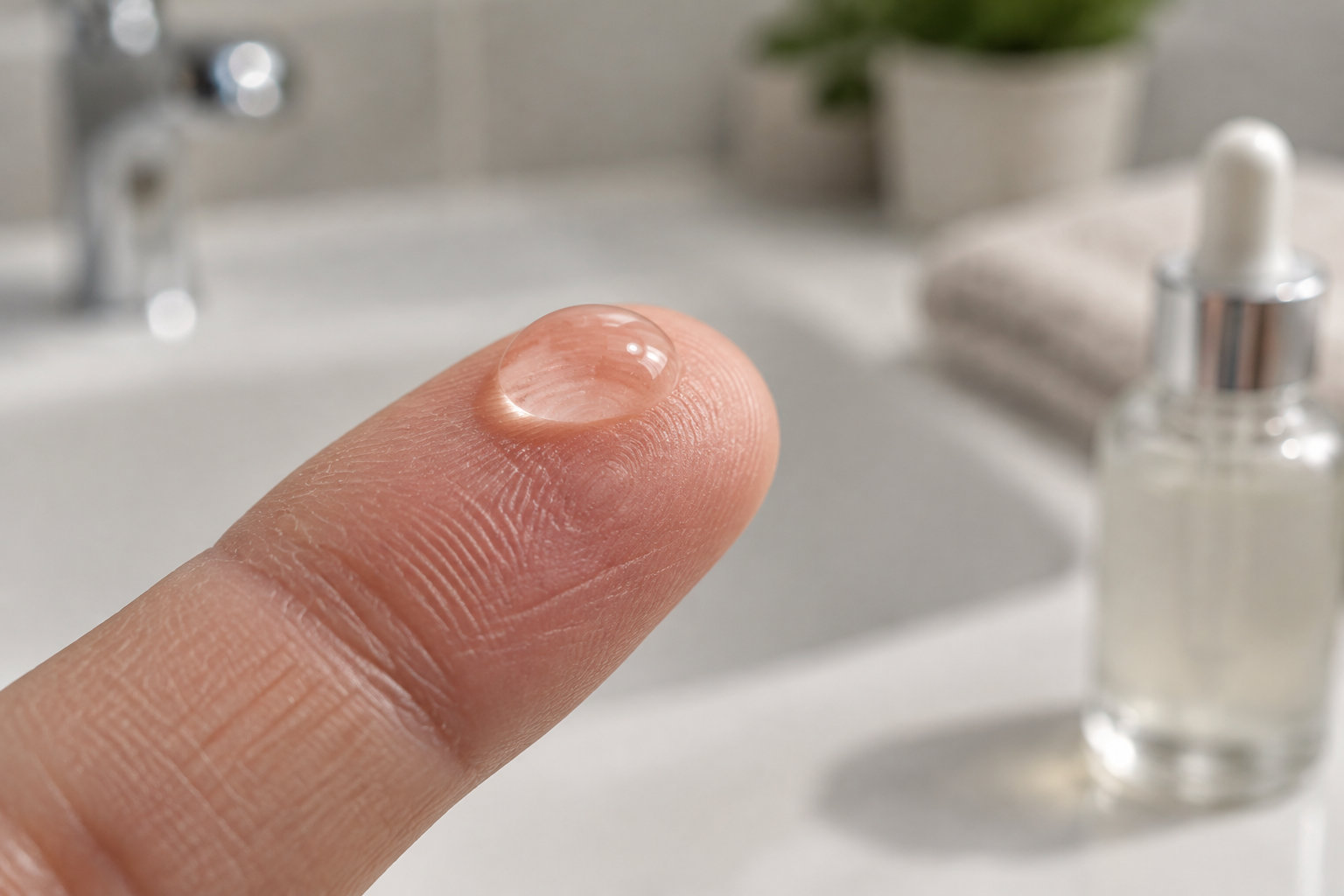 Une goutte de liquide transparent repose sur le bout d’un doigt, avec un flacon compte-gouttes flou en arrière-plan.