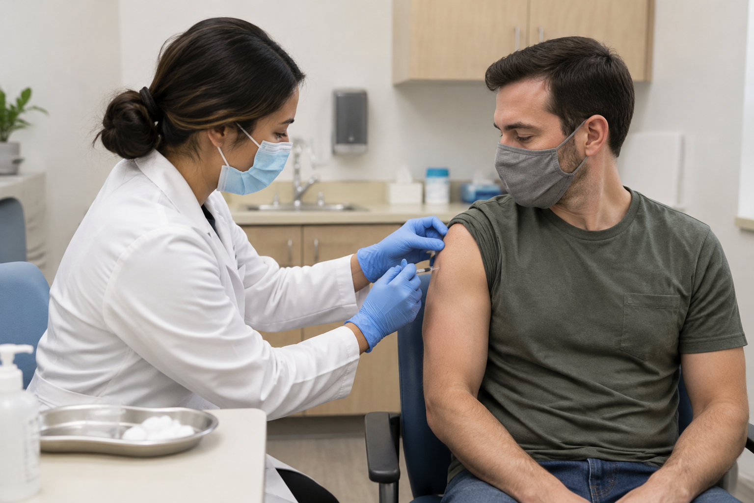 Une soignante masquée administre une injection dans le bras d’un homme assis, dans une salle de soins.