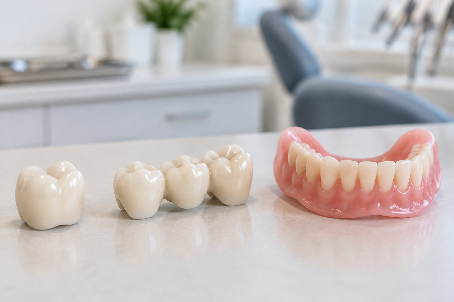 Des dents artificielles et un dentier rose sont posés sur un comptoir, dans une pièce aux équipements flous en arrière-plan.