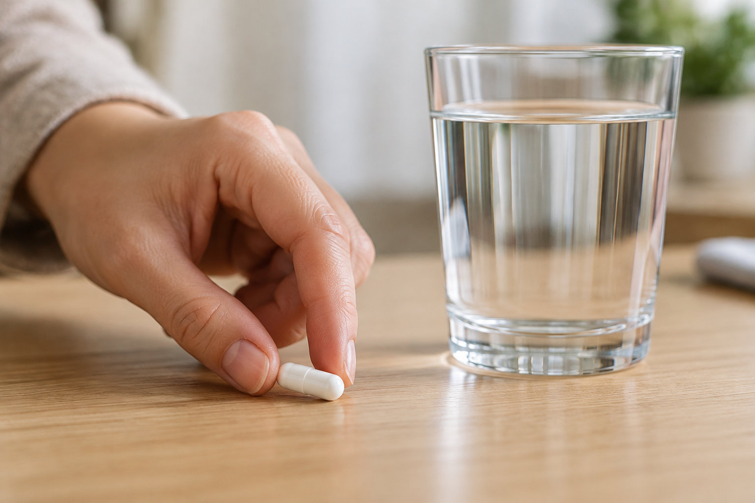 Une main saisit une gélule blanche posée sur une table en bois, à côté d’un verre d’eau.