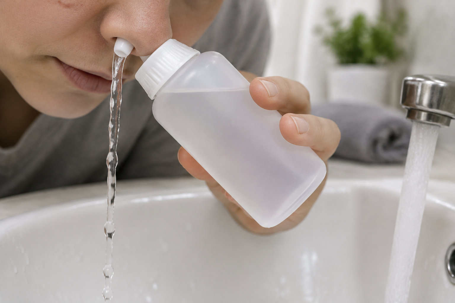 Une personne tient un flacon souple près de sa narine au-dessus d’un lavabo, tandis que l’eau coule du robinet.