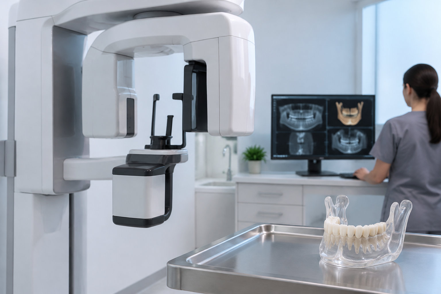 Un appareil de radiographie dentaire se trouve dans un cabinet, où une professionnelle consulte des images de mâchoires sur un écran, tandis qu’une maquette de mâchoire est posée sur un plateau métallique.