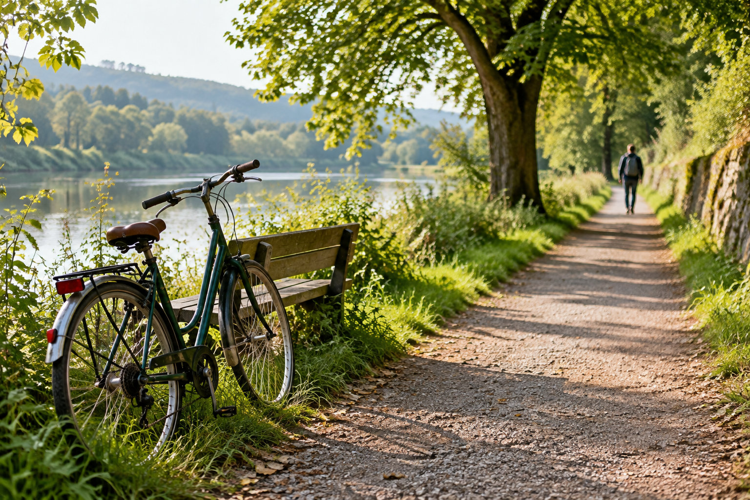 Un vélo est appuyé contre un banc au bord d’un lac, tandis qu’une personne marche sur un sentier ombragé.