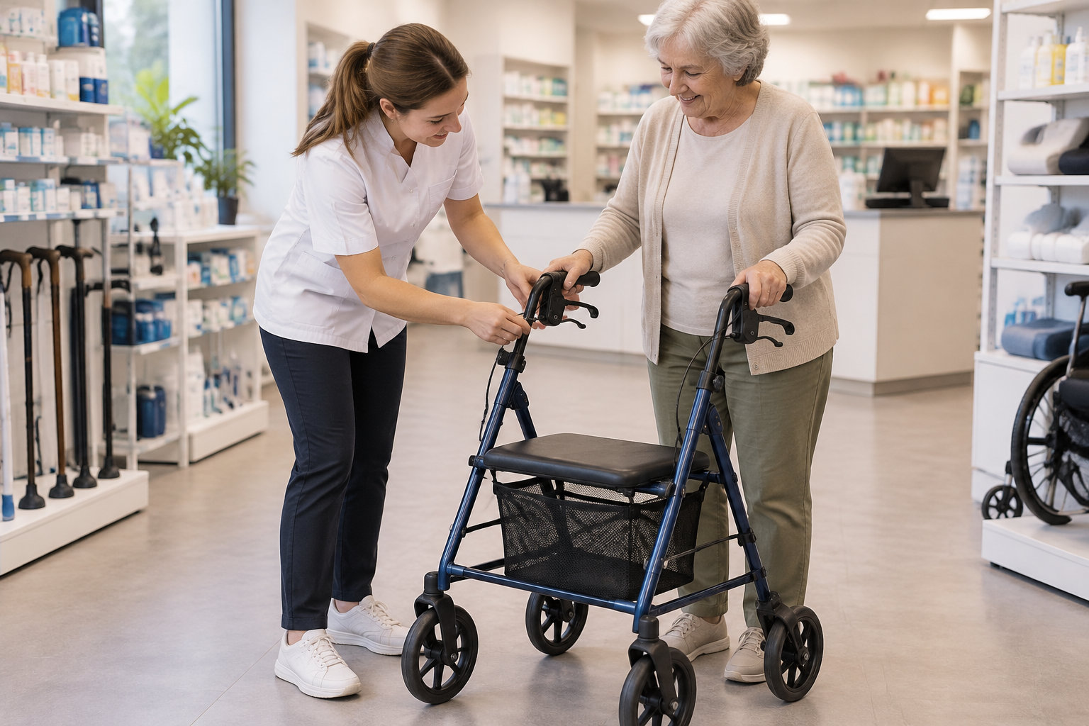 Une conseillère en blouse blanche aide une femme âgée à régler un déambulateur à roulettes dans un magasin de matériel médical.
