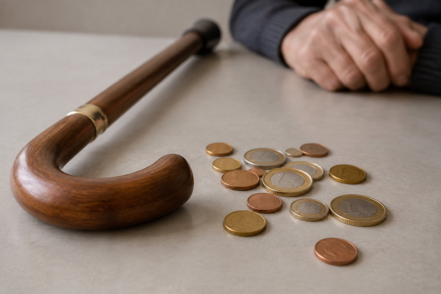 Une canne en bois est posée à côté de pièces de monnaie, tandis qu’une main repose sur la table.