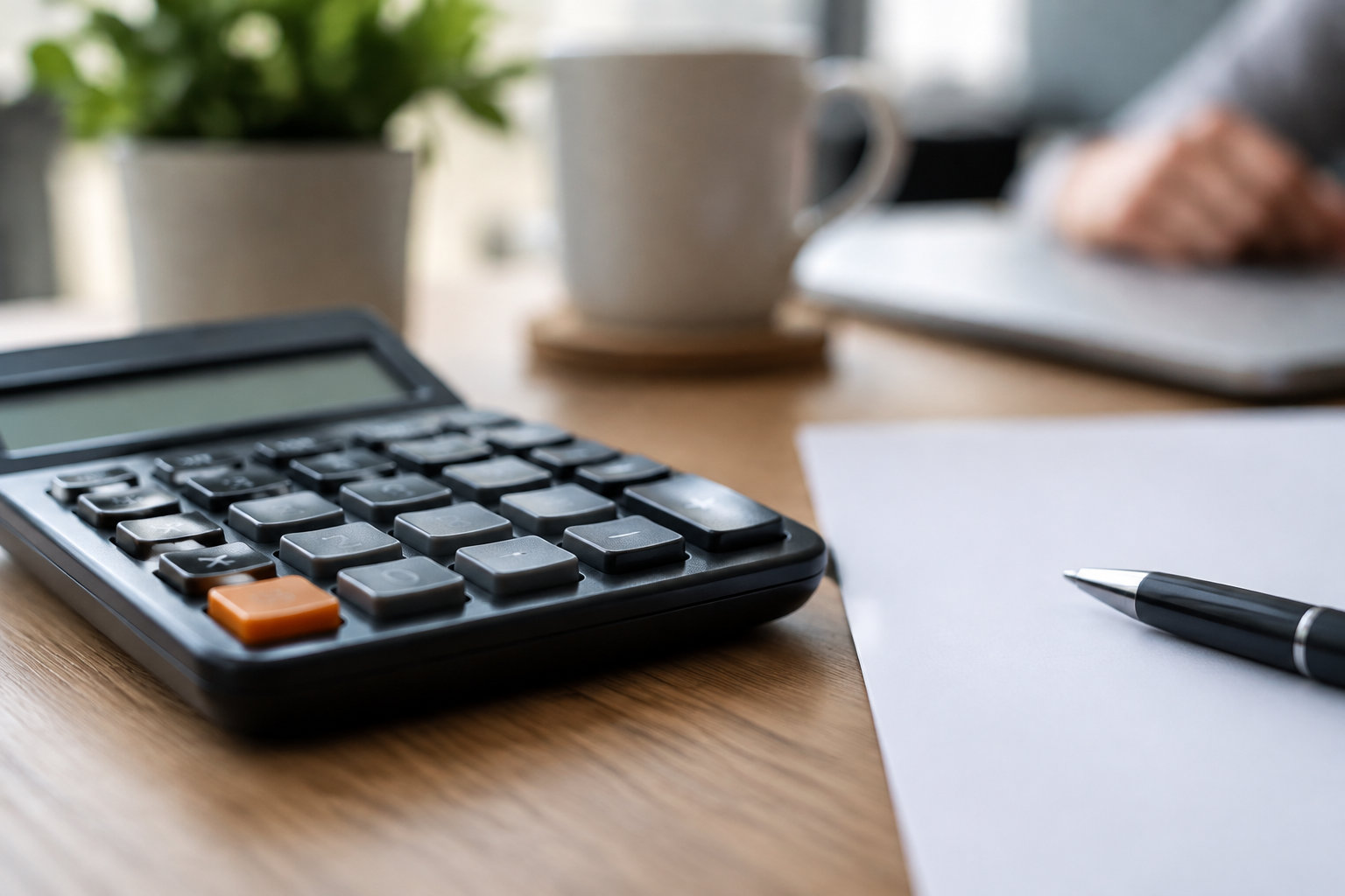 Une calculatrice, une feuille blanche et un stylo sont posés sur un bureau en bois, avec une tasse et une plante en arrière-plan.