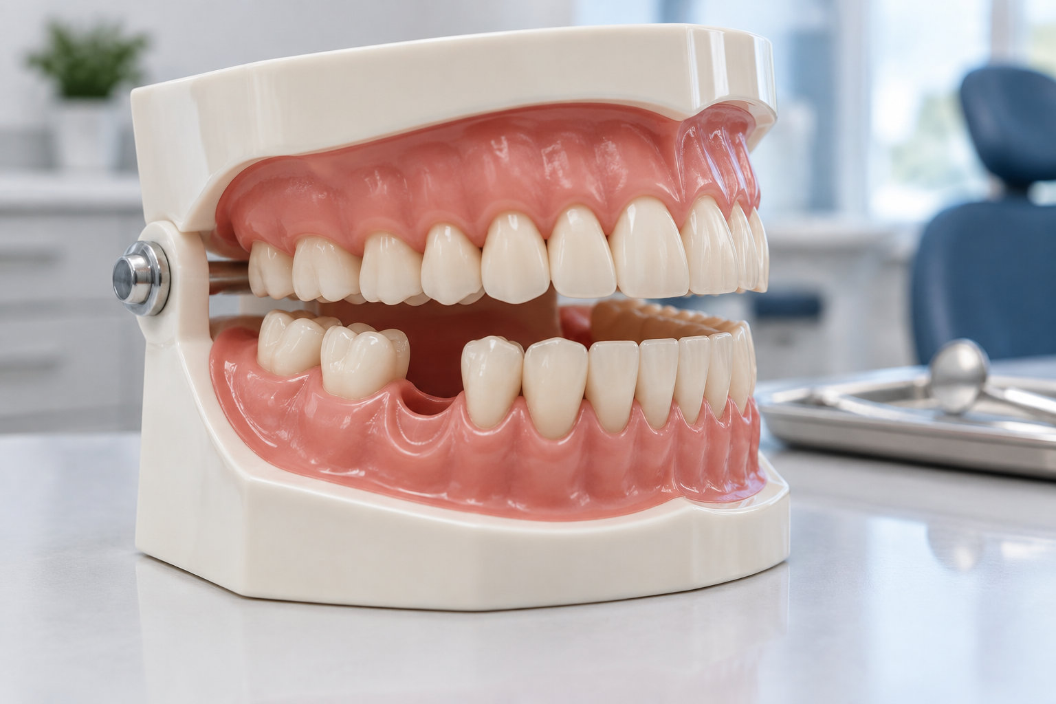 Une maquette de mâchoire ouverte montrant les dents et les gencives est posée sur un comptoir dans un cabinet dentaire.