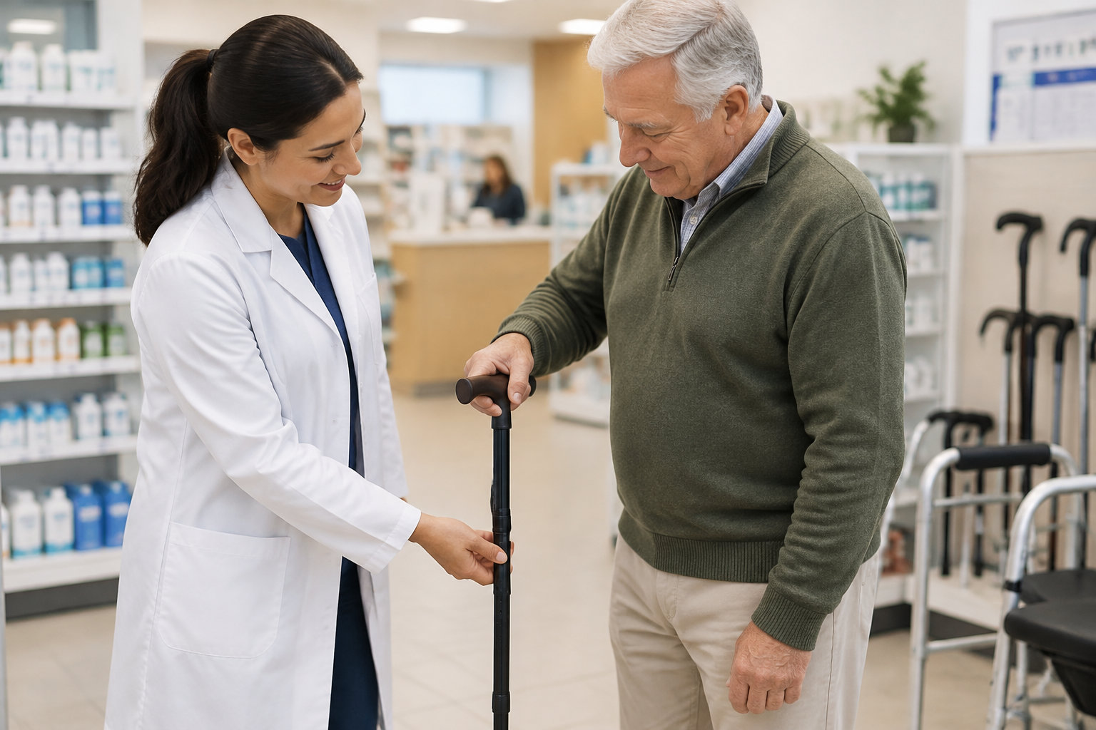 Une pharmacienne en blouse blanche aide un homme âgé à ajuster une canne dans une pharmacie où sont exposés des produits et des déambulateurs.