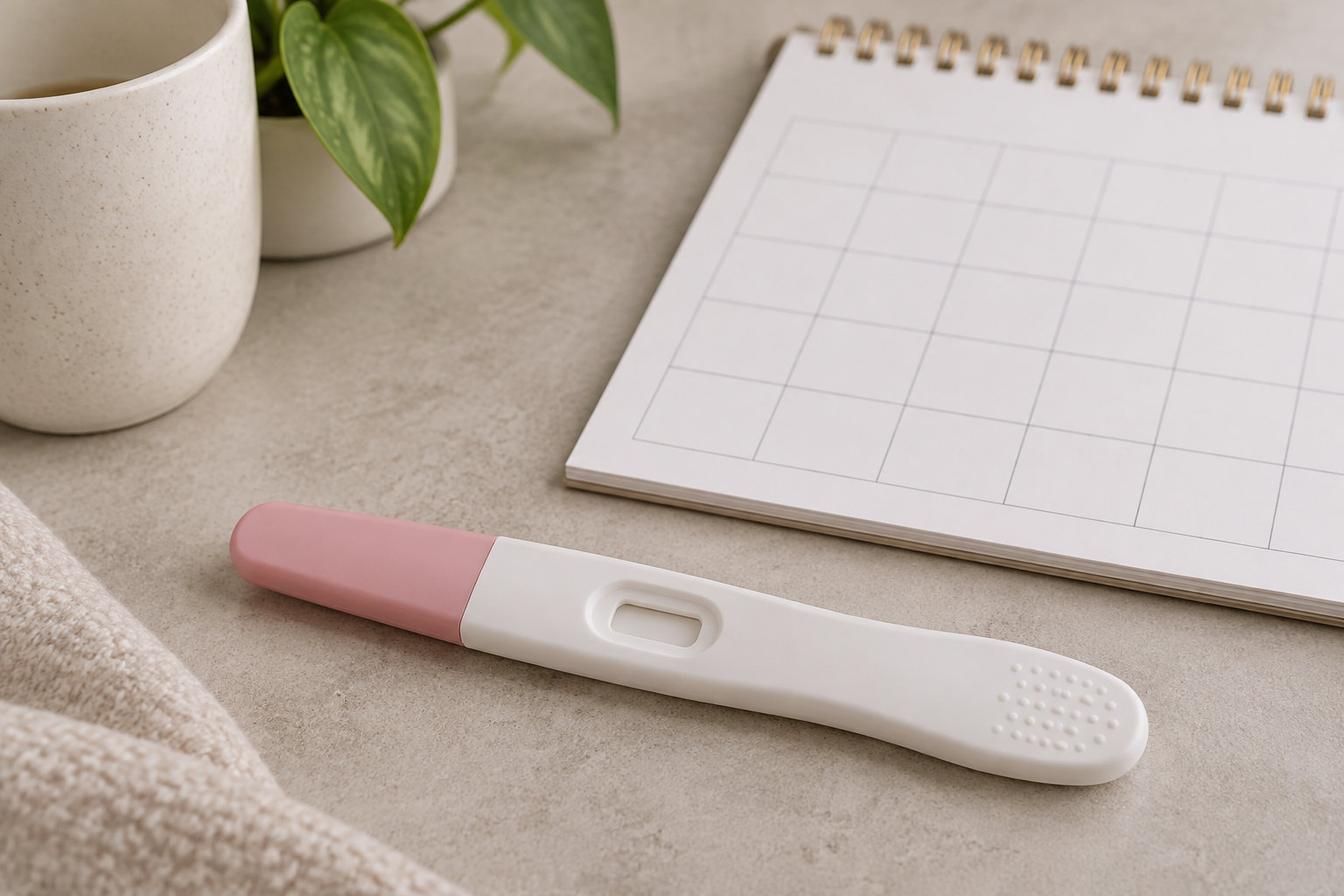 Un test de grossesse blanc et rose est posé sur une table près d’un calendrier vierge et de plantes en pot.