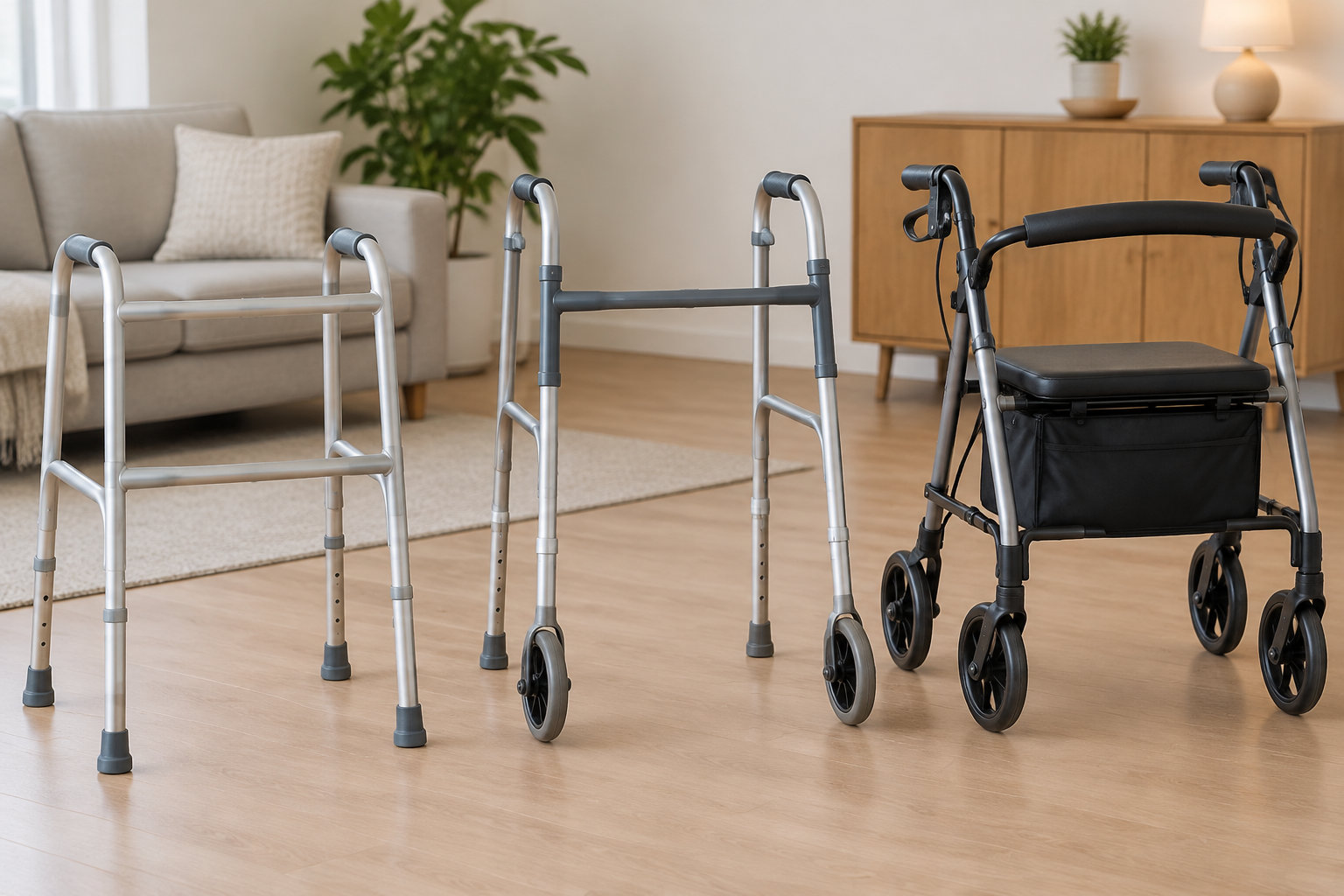 Deux déambulateurs et un rollator sont alignés dans un salon aménagé.