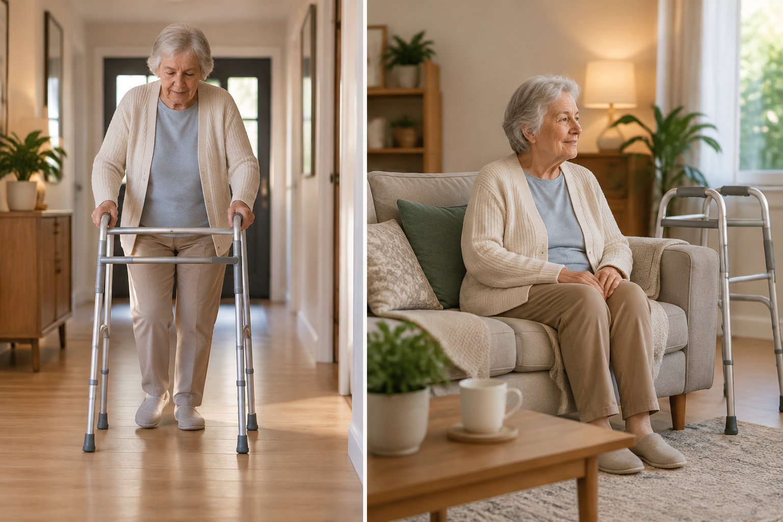 Une femme âgée marche avec un déambulateur dans un couloir, puis est assise sur un canapé à côté d’un autre déambulateur.