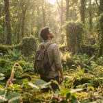 Un homme avec un sac à dos contemple la lumière dans une forêt luxuriante entourée de ruines anciennes couvertes de lierre.
