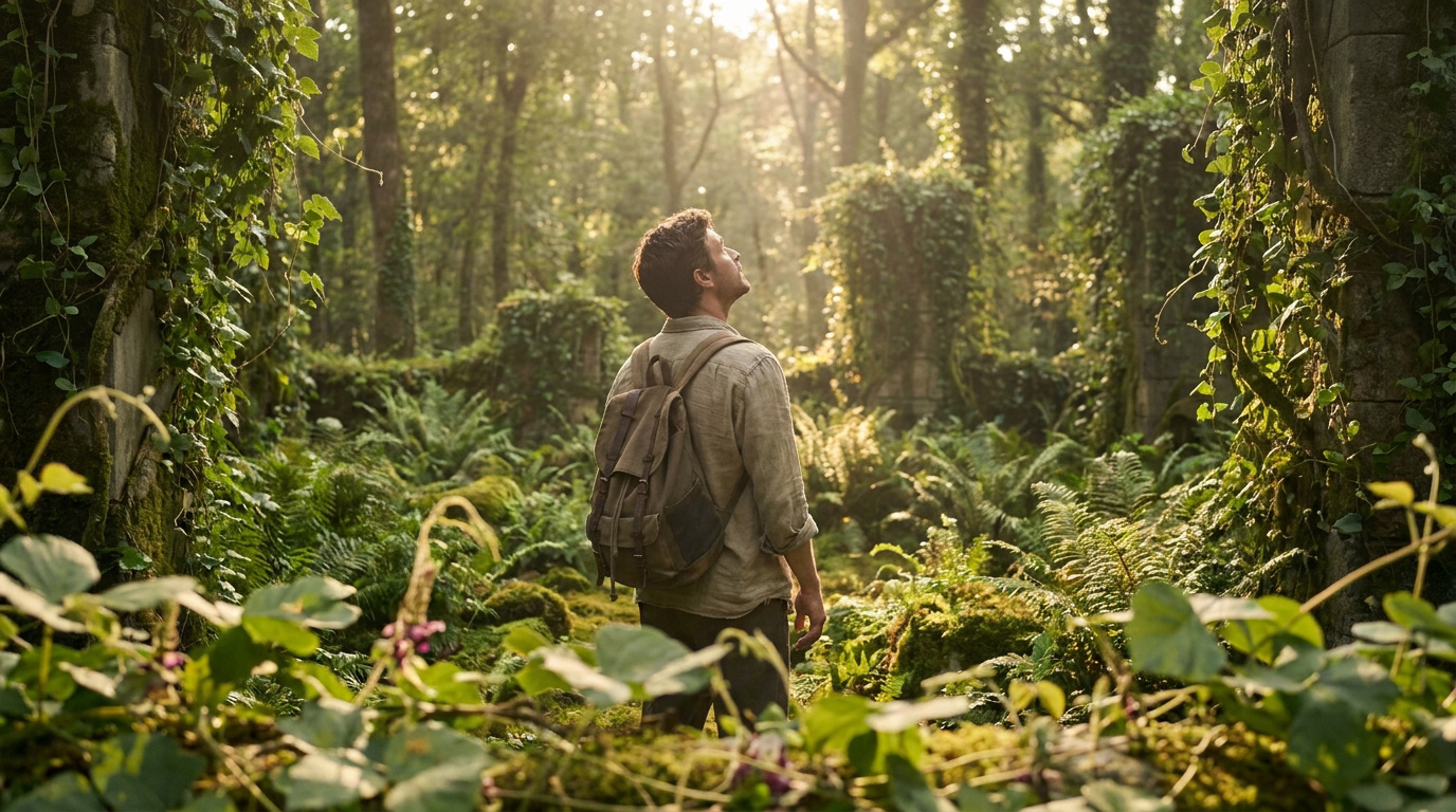 Un homme avec un sac à dos contemple la lumière dans une forêt luxuriante entourée de ruines anciennes couvertes de lierre.