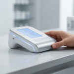 Une main utilisant un tensiomètre électronique moderne posé sur le comptoir d'une pharmacie.