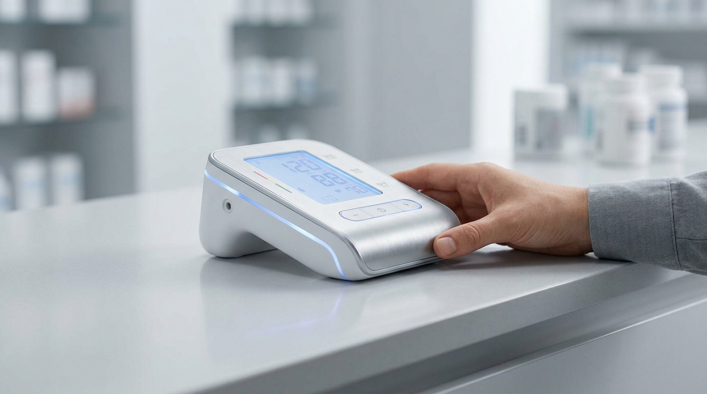 Une main utilisant un tensiomètre électronique moderne posé sur le comptoir d'une pharmacie.